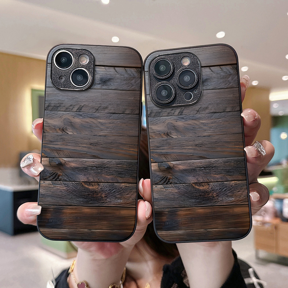 Phone Cases Brown - Brown-black wood-grain pattern, tempered glass Phone
